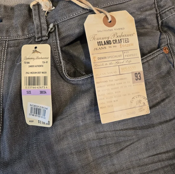 Tommy Bahama Authentic Gray Zander Straight Leg Jeans Size 38x34 NWT